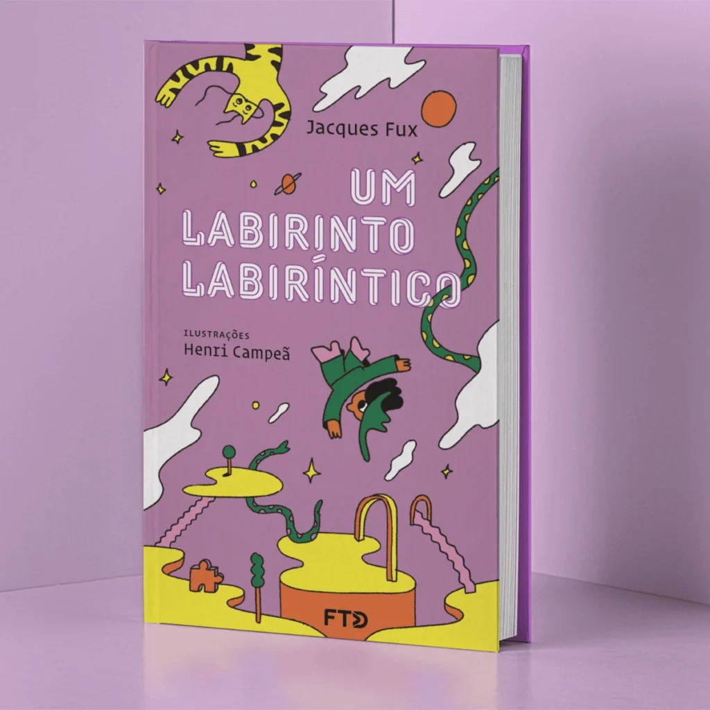 Capa do livro "Um labirinto labiríntico", de Jacques Fux, com ilustrações lúdicas e coloridas. Uma aventura divertida para as férias escolares.