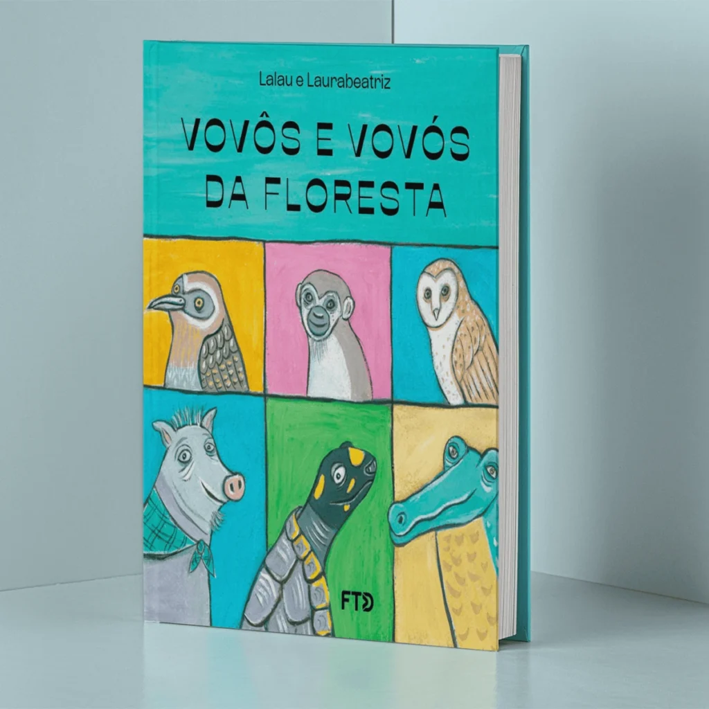 Capa do livro "Vovôs e vovós da floresta", de Lalau e Laurabeatriz, com animais ilustrados em estilo retrato. Leitura leve e educativa para curtir nas férias.