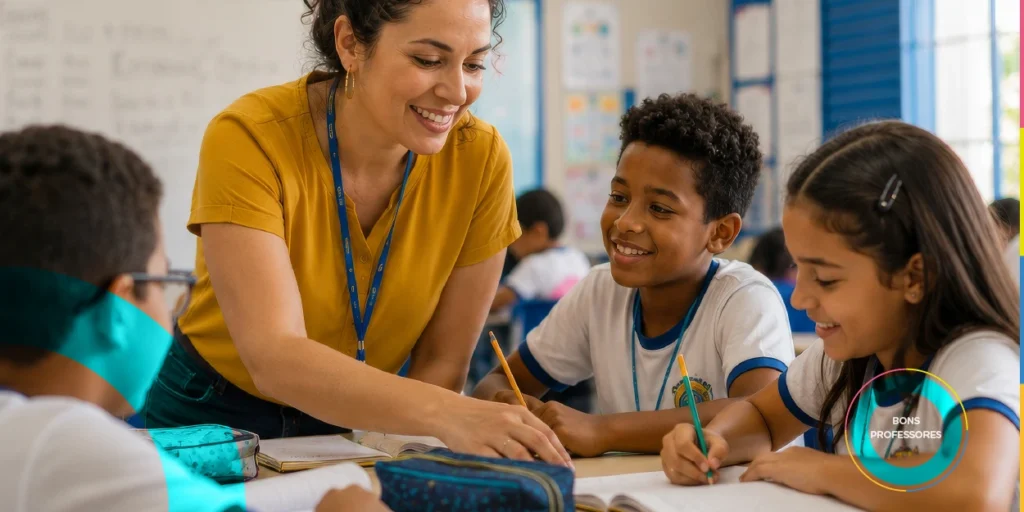 professora em sala de aula com alunos