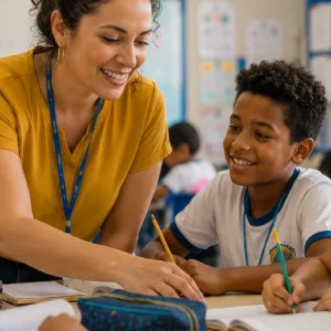 professora em sala de aula com alunos