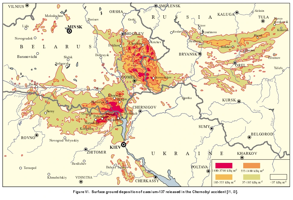 Mapa de aíses afetados pela radioatividade do Chernobyl